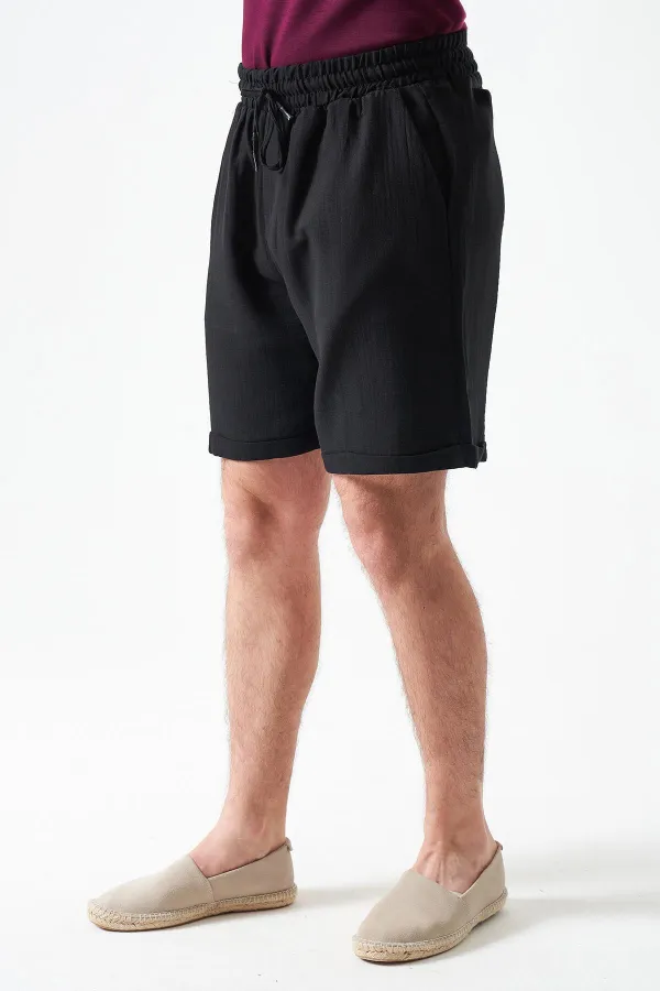 Erkek Siyah Baggy Double Paça Müslin Şort