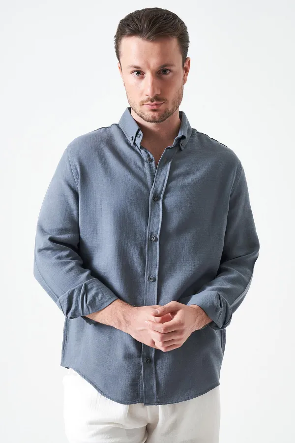 Erkek Antrasit Uzun Kol Regular Basic Müslin Gömlek