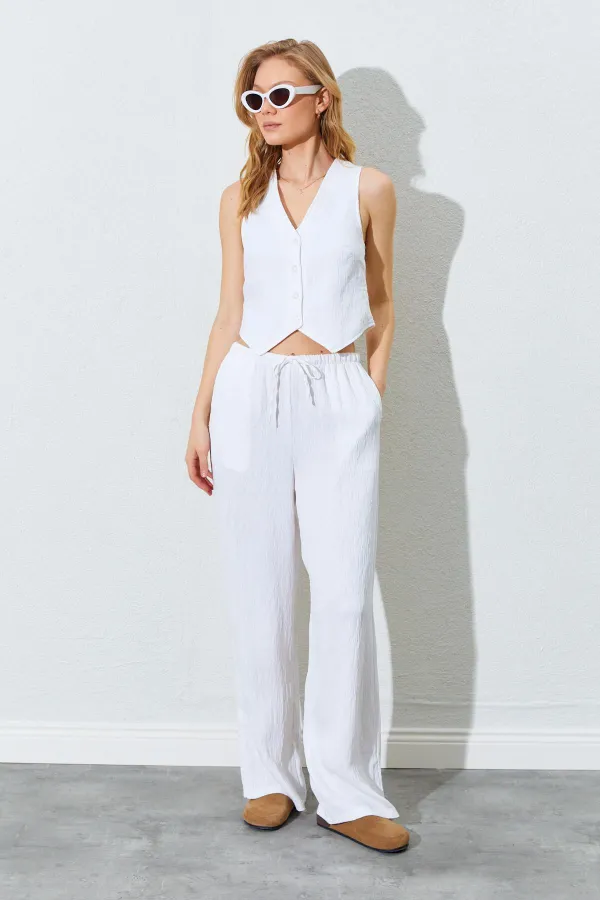 Kadın Ekru Yelekli Pantolonlu Takım