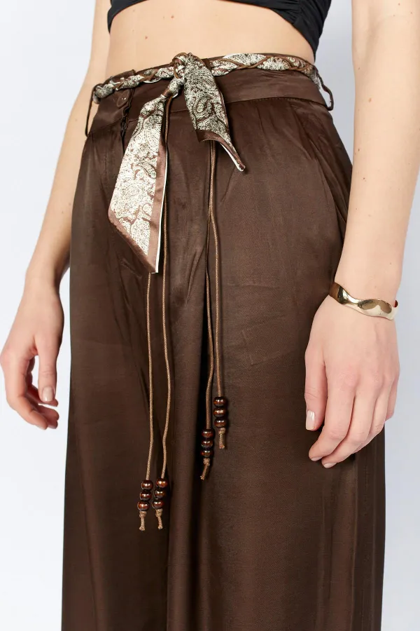 Women's Coffee Brown Wide-Leg Trousers with Scarf Belt and Flush Satin Fabric