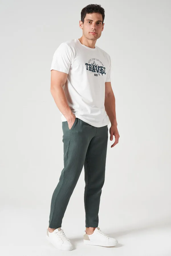 Erkek Çam Yeşili Bel Bağlamalı Müslin Pantolon