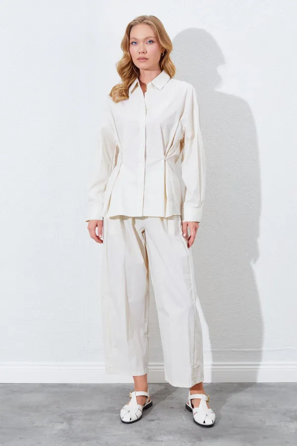 Women's Stone Waist Fitted Shirt with Button Detail