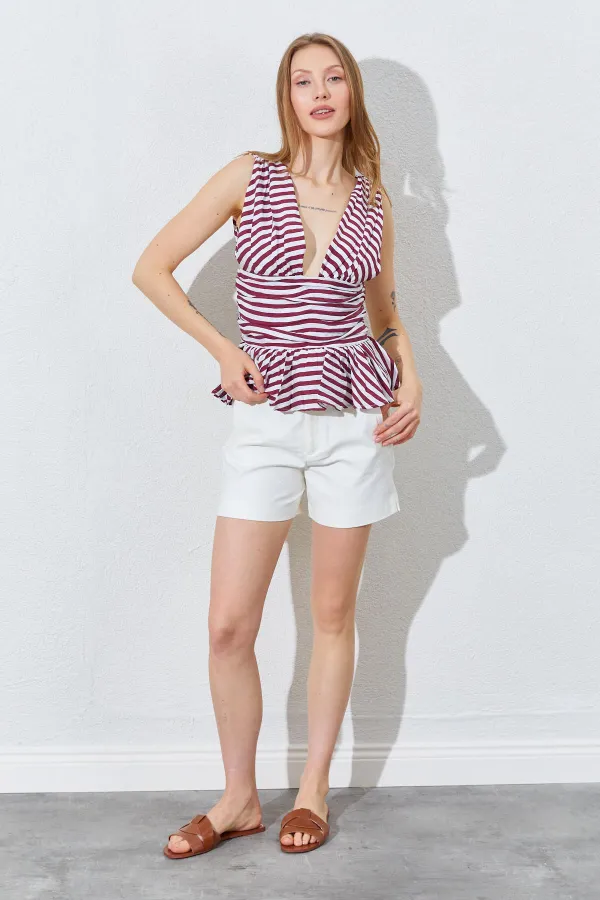 Kadın Bordo Önü Arkası V Beli Drapeli Peplum Bluz