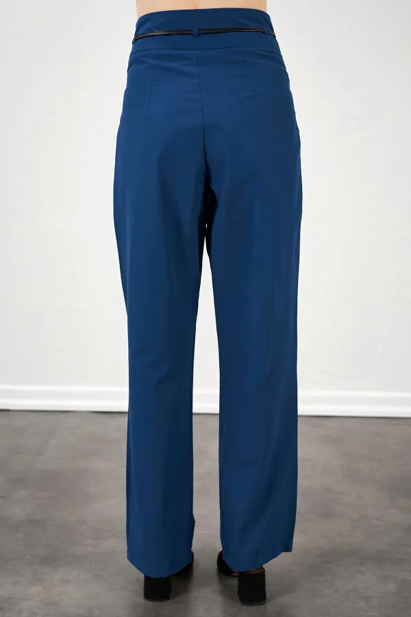 Kadın İndigo Yüksel Bel Deri Kemerli Poplin Pantolon
