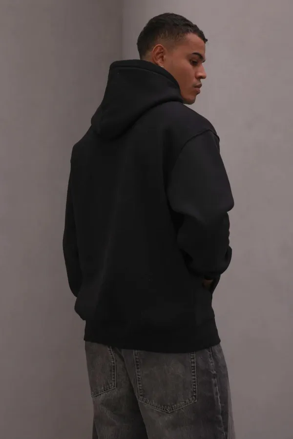 Men's Black Hooded Three-Thread Basic Sweatshirt