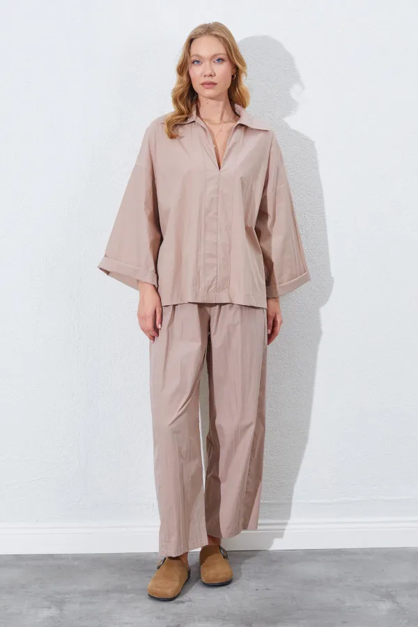 Kadın Vizon Derin V Yakalı Dirsek Kol Salaş Gömlek