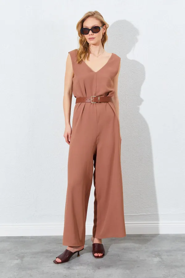 Kadın Mocha Sırtı Çapraz Bol Kesim Krep Tulum