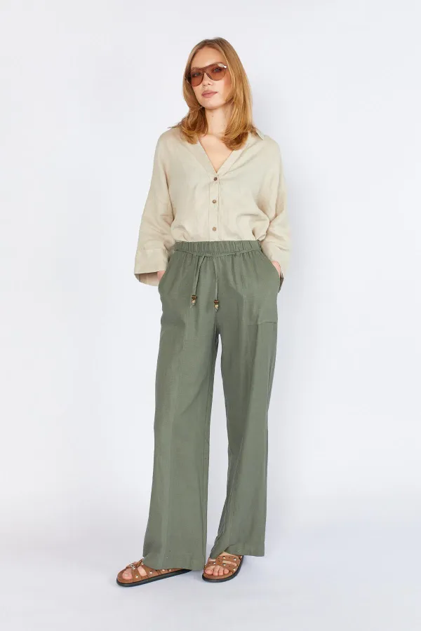 Kadın Haki Bol Paça Dışarıdan Cepli Keten Pantolon