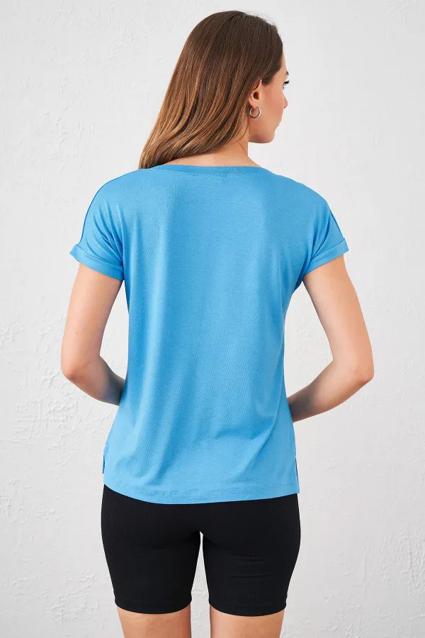 T-shirt bleu à col en V pour femme, coupe ample