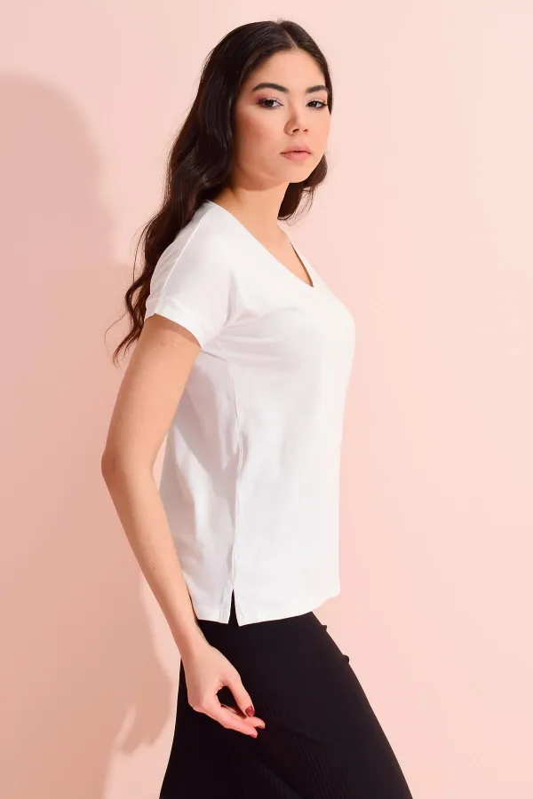 Kadın Ekru V Yaka Geniş Salaş Tişört