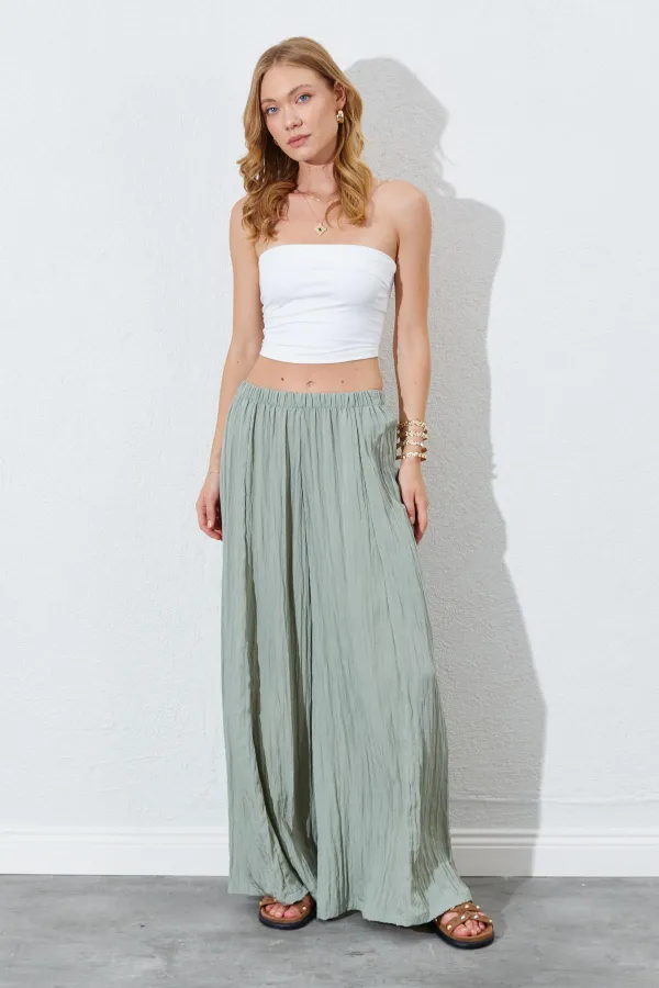 Kadın Çağla Beli Lastikli Bol Paça Kırışık Pantolon