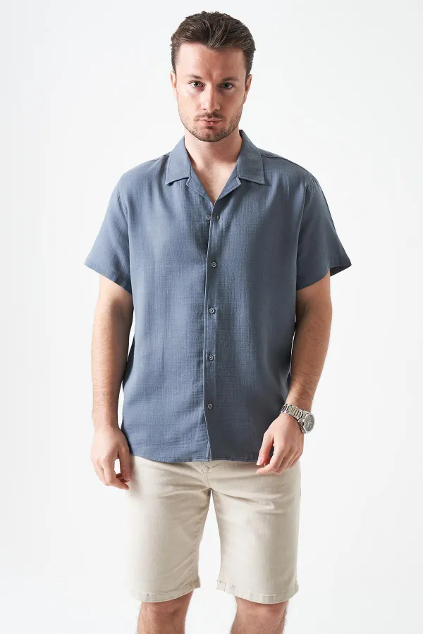 Erkek Antrasit Kısa Kol Apaj Yaka Müslin Regular Gömlek