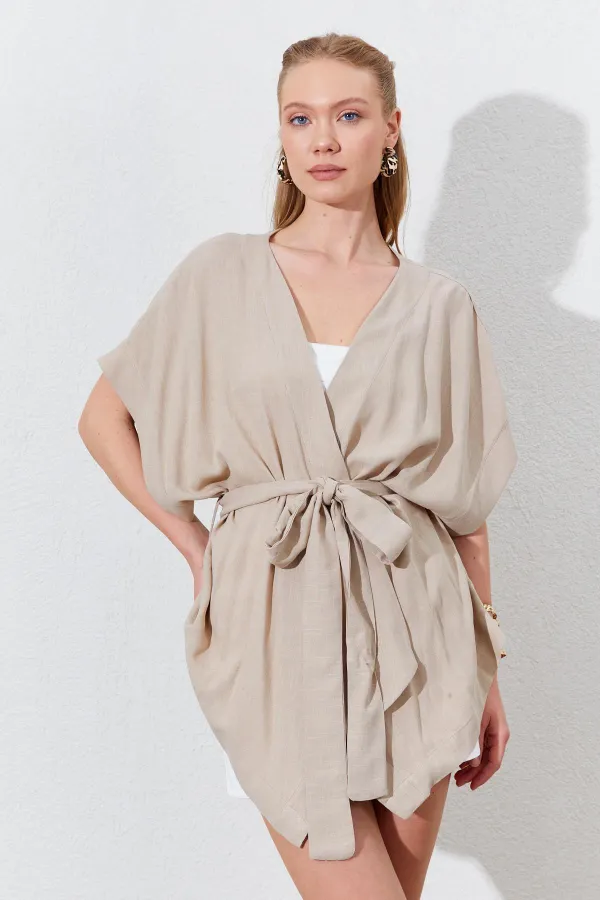 Kadın Koyu Bej Düşük Kol Kuşaklı Kimono