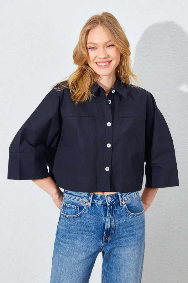 Kadın Siyah Düşük Kol Çımalı Crop Poplin Gömlek