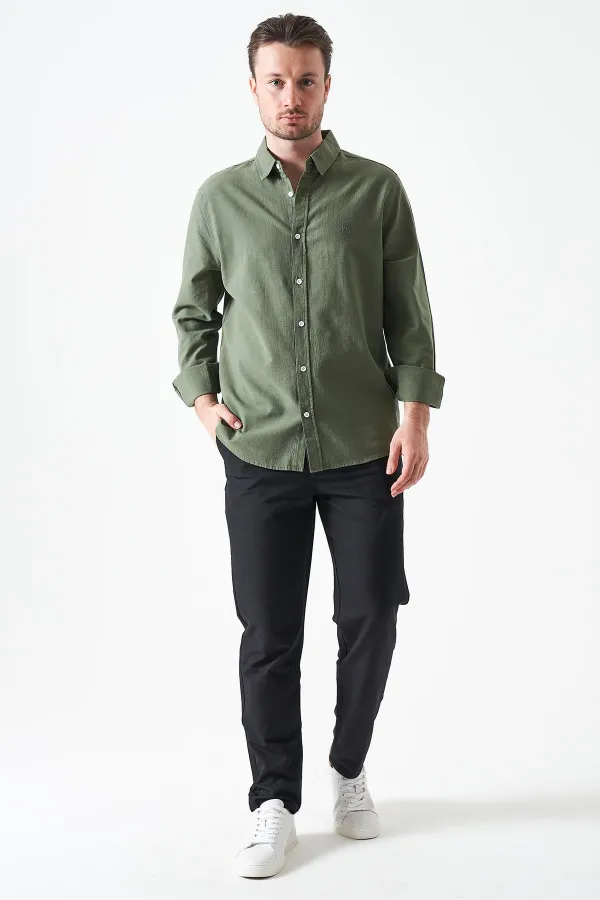 Erkek Haki Uzun Kol Basic Pamuk Flam Regular Gömlek