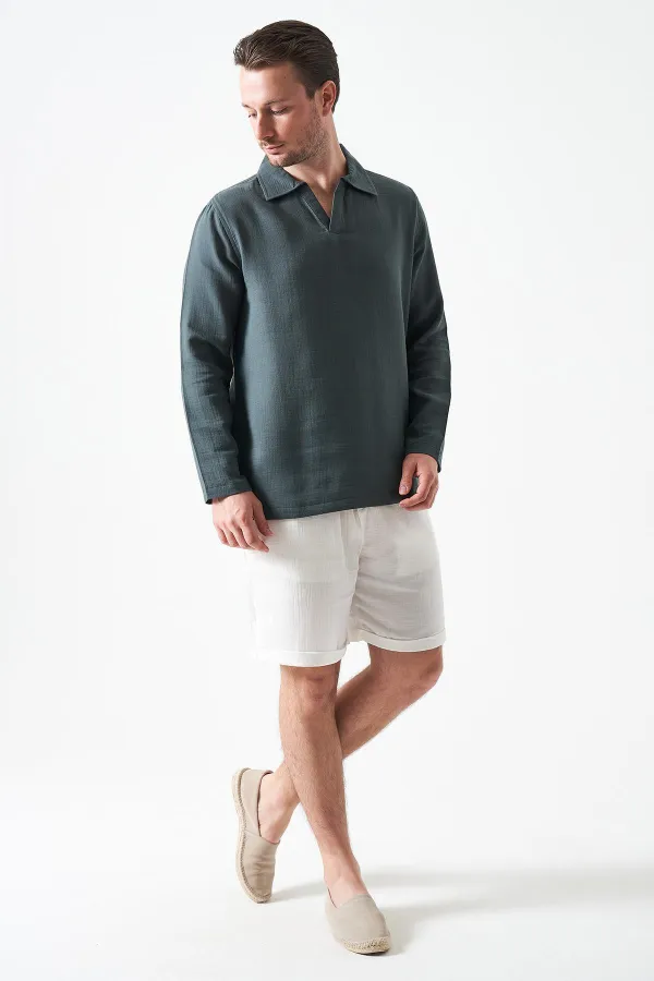 Erkek Çam Yeşili Uzun Kol V Ayaklı Yaka Regular Müslin Gömlek