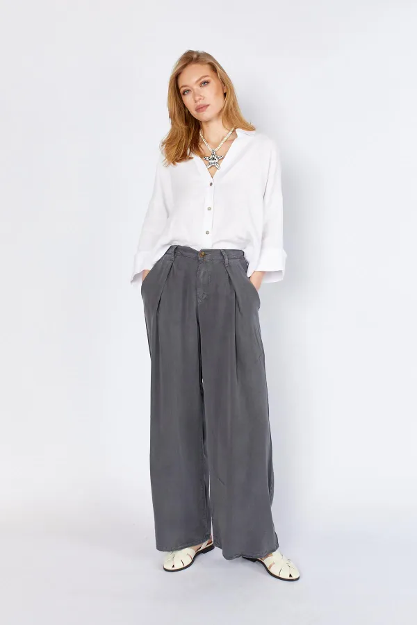 Women's Anthracite YP5115 Double Pleated Wide Leg Tencel Trousers
