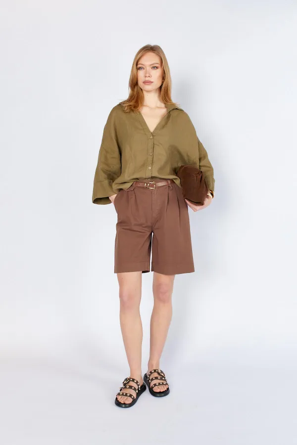 Kadın Kahve Beli Kemerli Licralı Gabardin Midi Şort