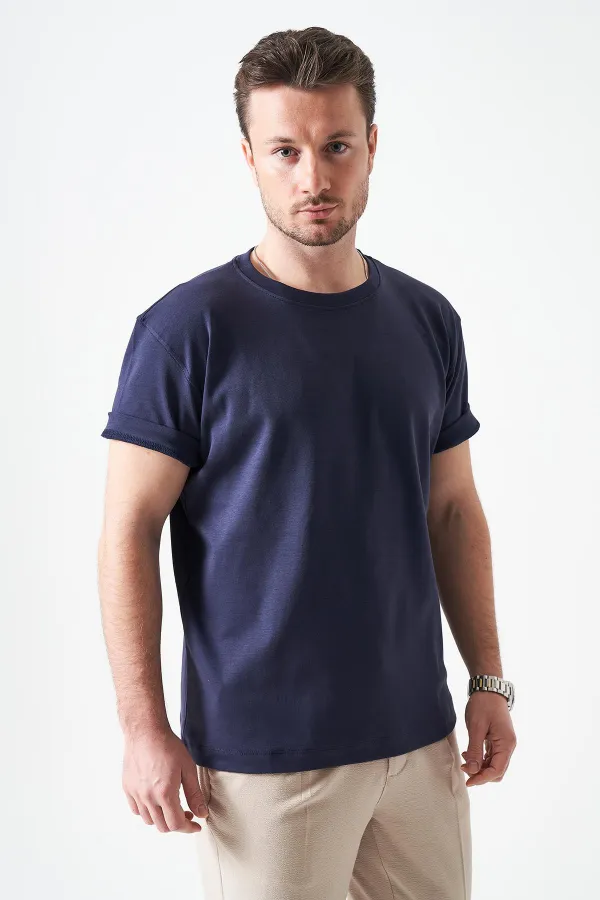 Erkek Lacivert Bisiklet Yaka İnterlok Basic Tişört