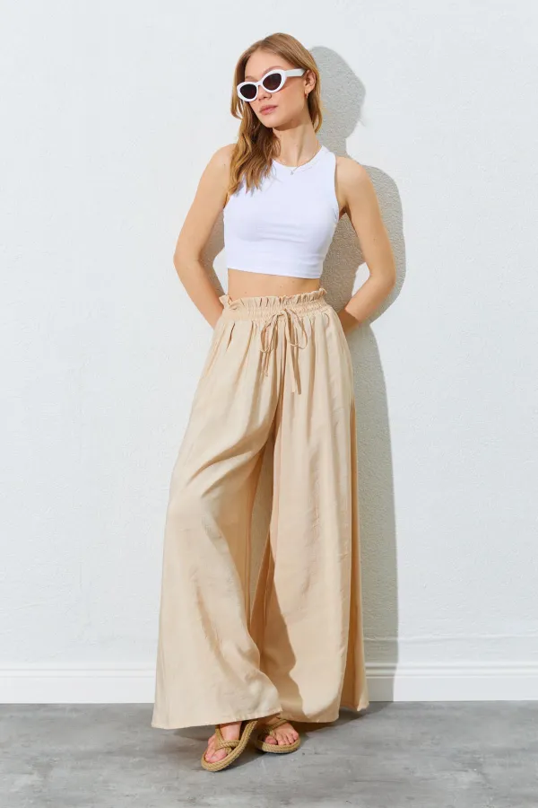 Kadın Bej Beli Kalın Lastikli Bol Kesim Modal Pantolon