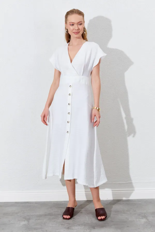 Women's Off-White Wrap-Neck Buttoned Modal Dress