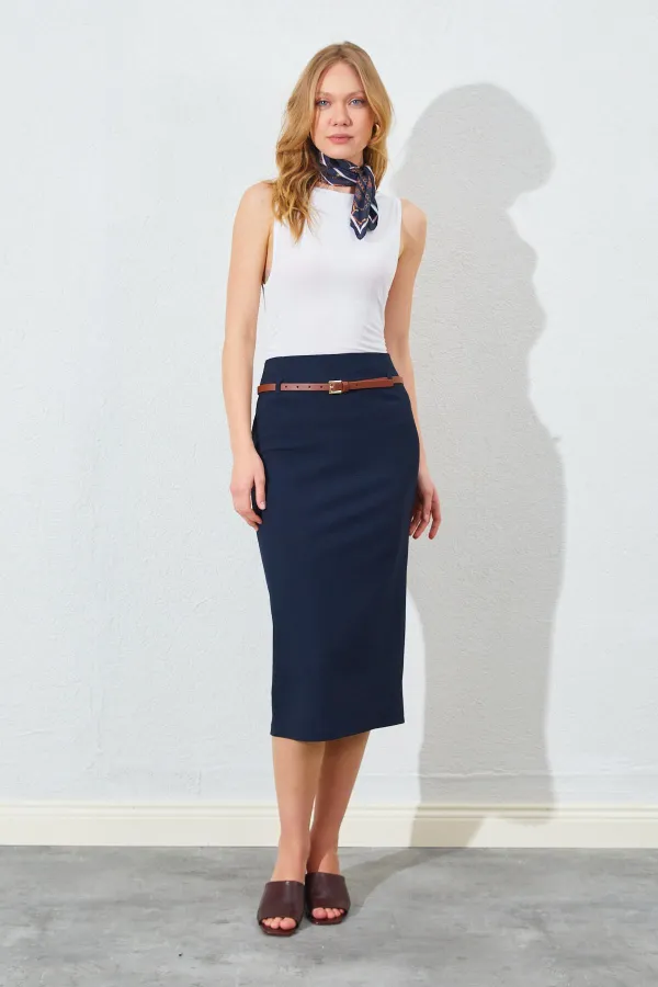 Kadın Lacivert İnce Kemerli Poliviskon Midi Boy Etek