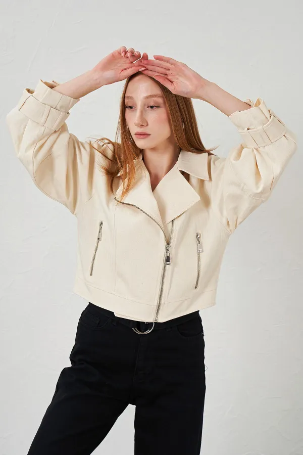 Kadın Naturel Yan Fermuarlı Kol Manşetli Balık Sırtı Gabardin Ceket