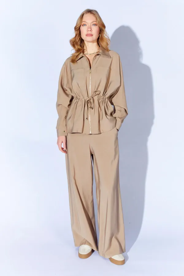 Kadın Vizon 155 Fermuarlı Bağlamalı Ceket Bol Kesim Pantolonlu Takım