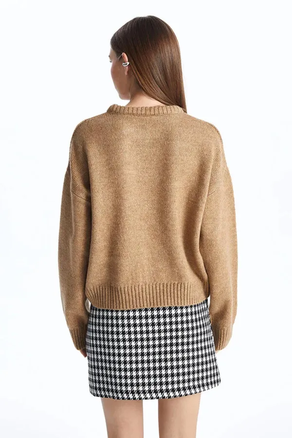 Kadın Vizon Bisiklet Yaka Kalın Manşetli Basic Kısa Şardonlu Triko Kazak