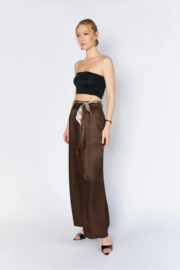 Women's Coffee Brown Wide-Leg Trousers with Scarf Belt and Flush Satin Fabric