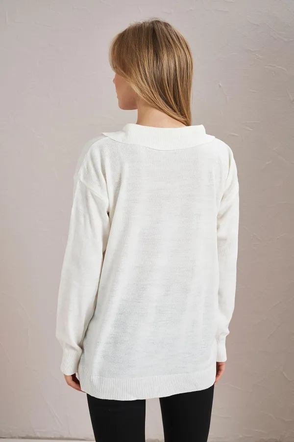 Kadın Ekru Gömlek Yaka Basic Triko Kazak