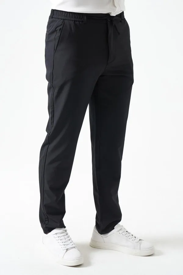 Erkek Siyah Beli Yarım Lastikli ve Fermuarlı Yerli Teknik SRN42 Kumaş Pantolon