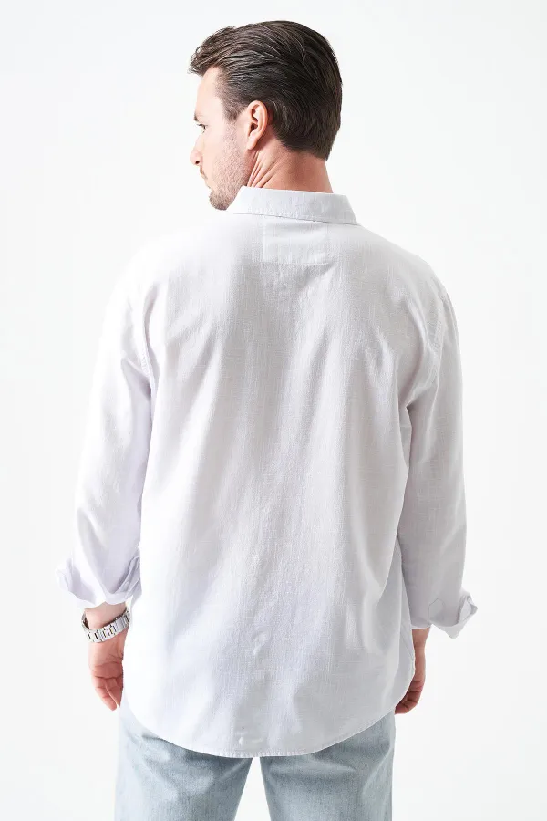 Erkek Beyaz Uzun Kol Basic Pamuk Flam Regular Gömlek