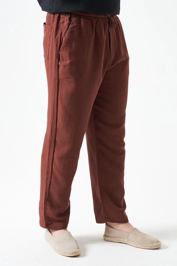Erkek Kahve Bel Bağlamalı Baggy Müslin Pantolon