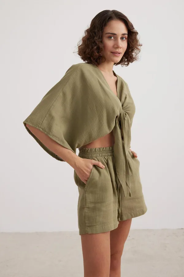 Kadın Haki Beli Lastikli Müslin Şort