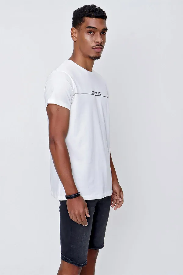 Erkek Ekru Bisiklet Yaka Focus Baskılı Tişört