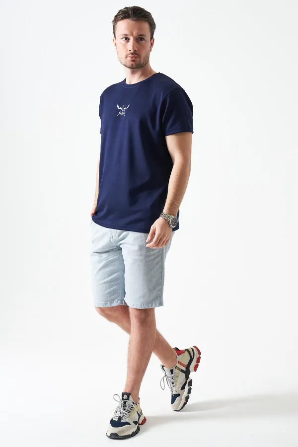 Men's Blue Five-Pocket Capri Pants with Drawstring and Back Snap Closure