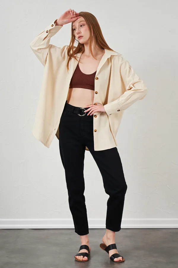 Kadın Naturel Oversize Basic Balık Sırtı Gabardin Gömlek