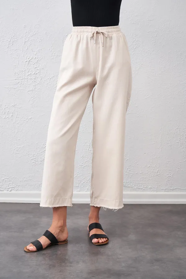 Kadın Taş Beli Bağlamalı Geniş Piş Dikişli Paça Pantolon