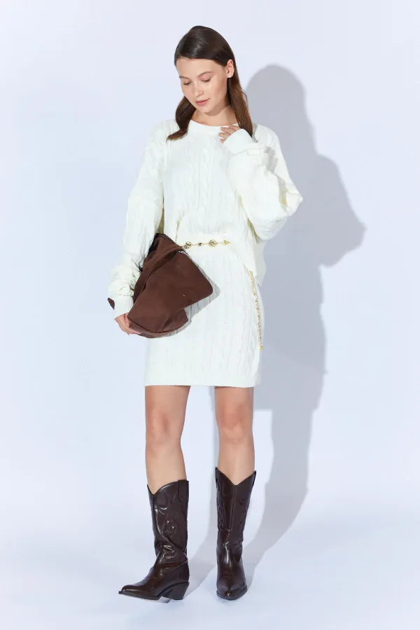 Kadın Kemik Saç Örgülü Etek Kazak Takım