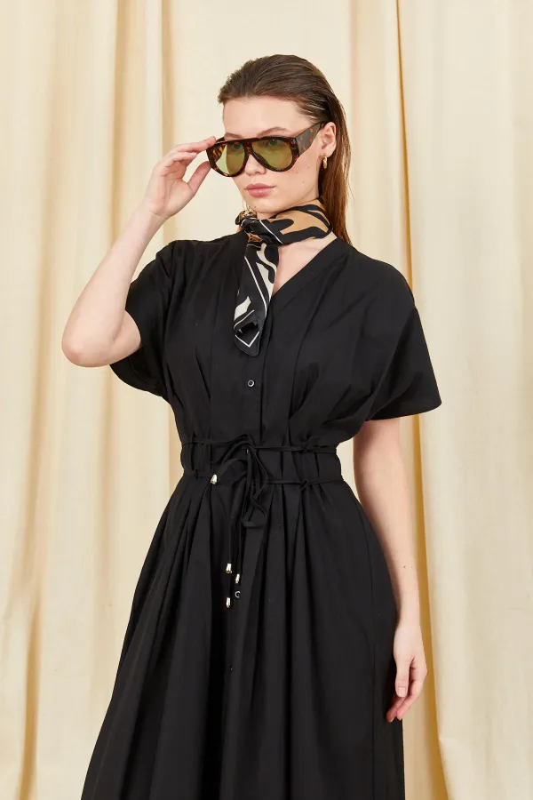 Kadın Siyah 199 Düşük Kol Pile Detaylı Önü Düğmeli Poplin Elbise