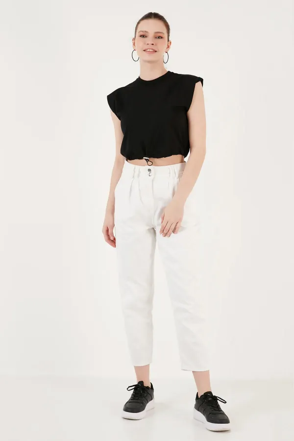 Kadın Siyah Eteği Stoplu Düşük Kol Süprem Tişört