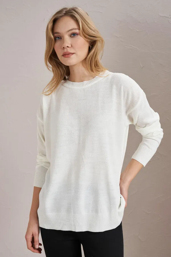 Kadın Ekru Bisiklet Yaka Basic Triko Kazak
