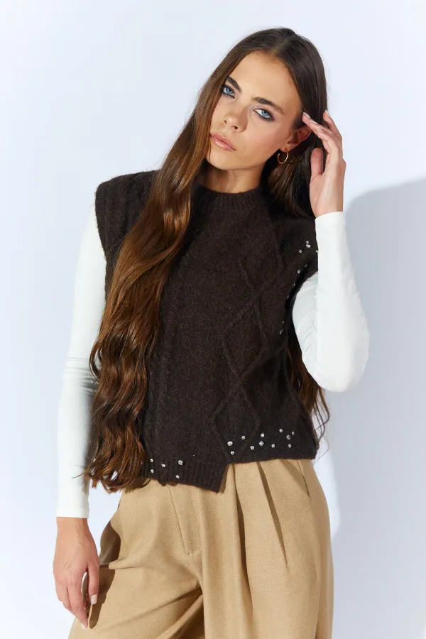 Kadın Kahve Bisiklet Yaka Desenli Triko Süveter