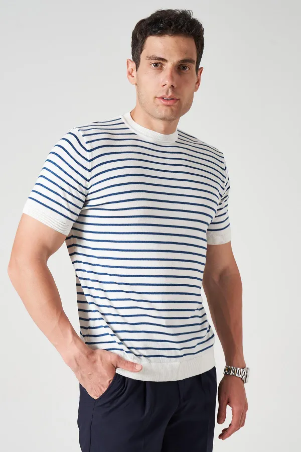 Erkek Ekru Bisiklet Yaka Çizgili Triko Tişört