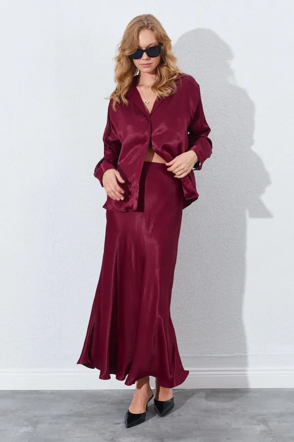 Kadın Bordo Saten Uzun Etek