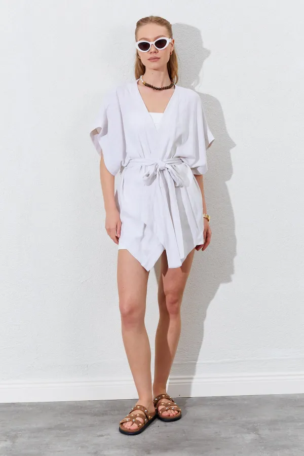 Kadın Naturel Düşük Kol Kuşaklı Kimono