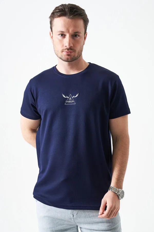 T-shirt décontracté en modal imprimé bleu marine à col rond pour homme