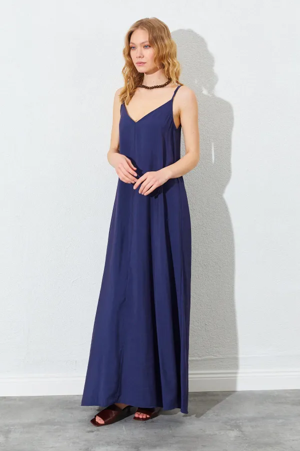 Women's Navy Blue V-Neck Loose-Fitting Modal Dress