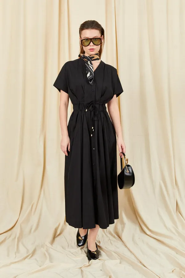 Kadın Siyah 199 Düşük Kol Pile Detaylı Önü Düğmeli Poplin Elbise